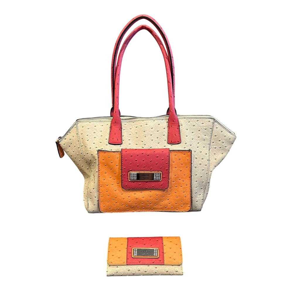 Guess Handbag, Shoulder Bag Faux Leather Ostrich Bone/Pink Orange With Wallet